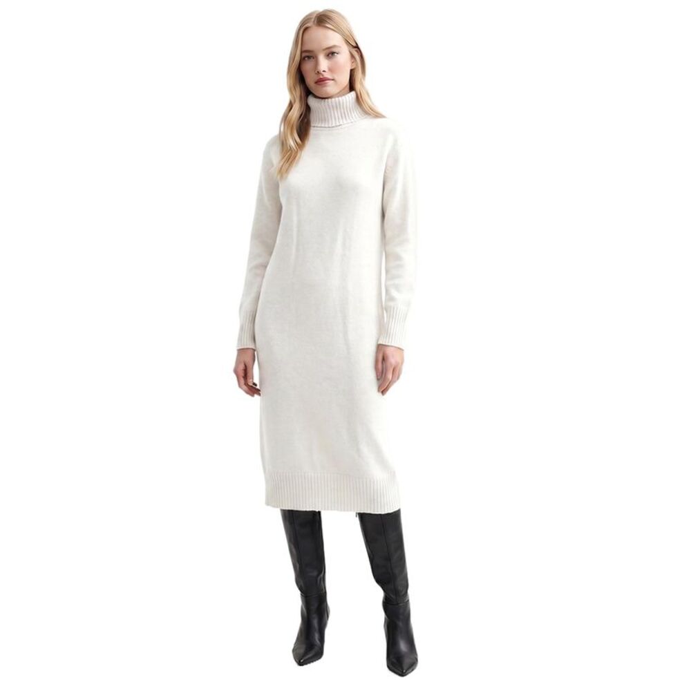 Women's Turtleneck Ribbed Knit Long Sleeve Loose Fit Maxi Dress White